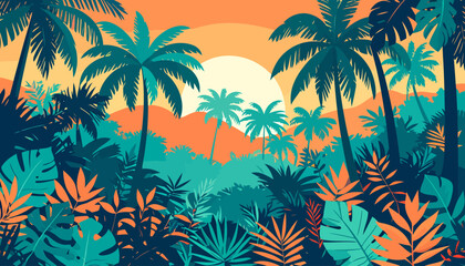 Vibrant flat vector illustration of a tropical jungle with layered palm tree silhouettes against an orange sunset.