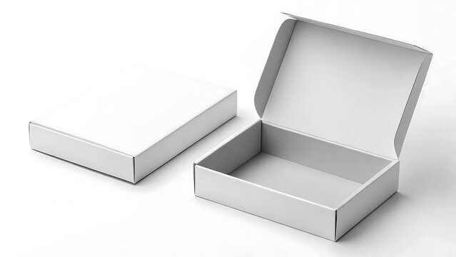 White cardboard boxes open and closed on white background packaging