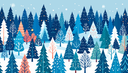 Obraz premium A stylized winter forest illustration with colorful blue, teal, and orange pine and deciduous trees under falling snow.