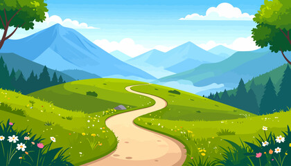 Winding dirt path through a vibrant green valley with distant blue mountains under a clear sky.