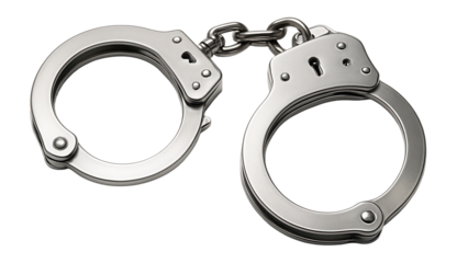 Shiny metal handcuffs connected by a short chain, showcasing a secure locking mechanism on transparent background.