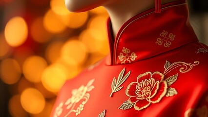 Silk cheongsam collar with peony embroidery, exuding elegance and festive spirit for China National Day.