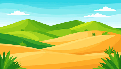 Vibrant cartoon landscape with rolling green hills and golden sand dunes under a clear blue sky.