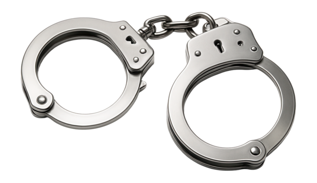 Shiny metal handcuffs connected by a short chain, showcasing a secure locking mechanism on transparent background.