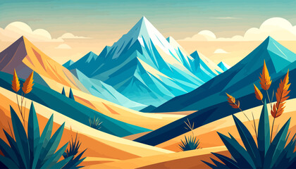 Geometric mountain valley illustration with a majestic snow-covered peak, teal ridges, and warm-toned hills.