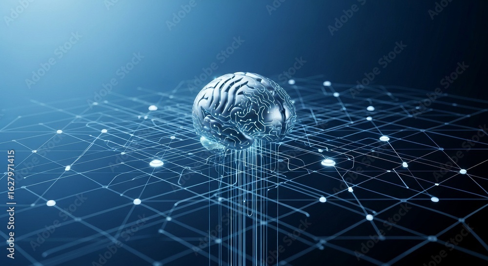 Poster 3d render of a luminous digital brain connected to a vast network of glowing nodes and lines against