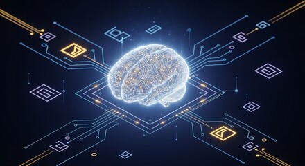 A digital brain concept shows a glowing circuit board and human brain, representing artificial intelligence and technological advancement on a dark background.