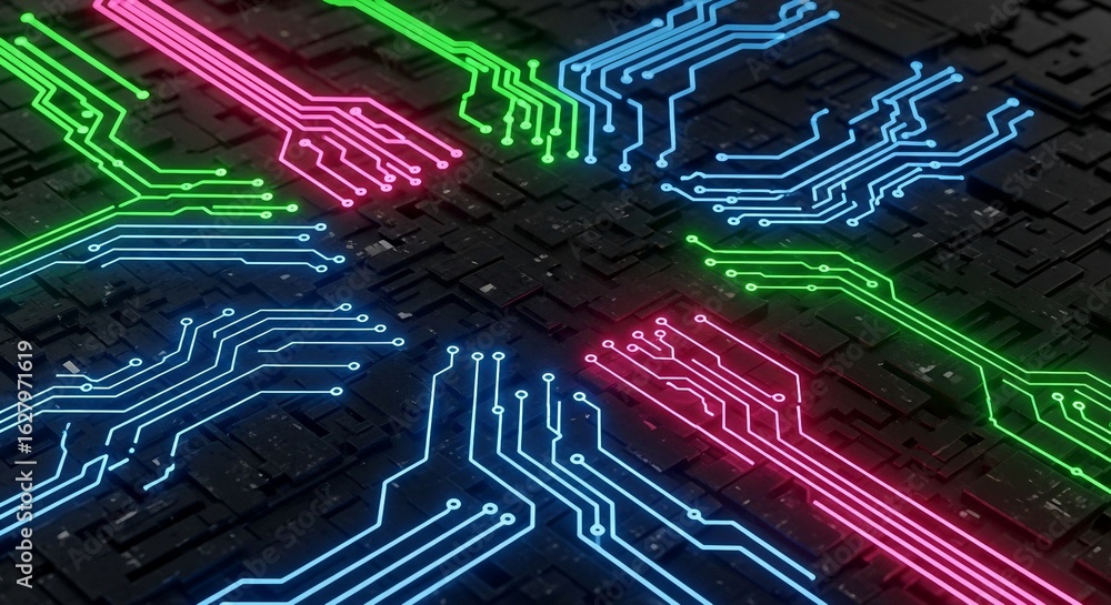 Aufkleber futuristic circuit board background with neon glowing pathways representing data flow, technological