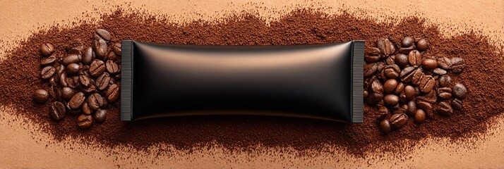 Fototapeta premium Confezione cosmetica nera su caffè macinato e chicchi di caffè