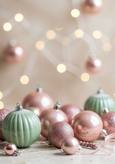 Pastel Christmas ornaments in pink and mint green with warm bokeh lights creating dreamy holiday atmosphere. Soft festive decoration for seasonal marketing