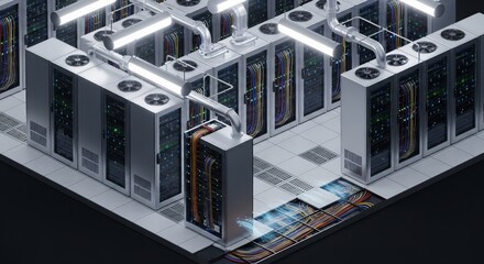 Isometric rendering of a sophisticated data center with server racks, cooling, and visible network cables, representing digital infrastructure and cloud computing.