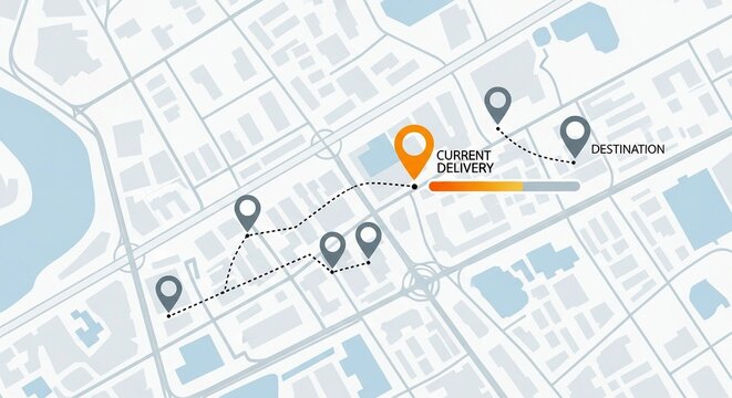Delivery route illustration showing current position and destination on a city map, with a progress bar indicating delivery progress; a concept for logistics, tracking, and e-commerce.
