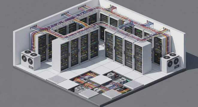 Professional isometric illustration of a clean server room featuring multiple rack cabinets, overhead cable trays, and underfloor wiring.