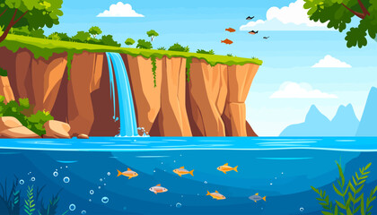 Vibrant illustrated landscape showing a cliffside waterfall and an underwater view with fish.