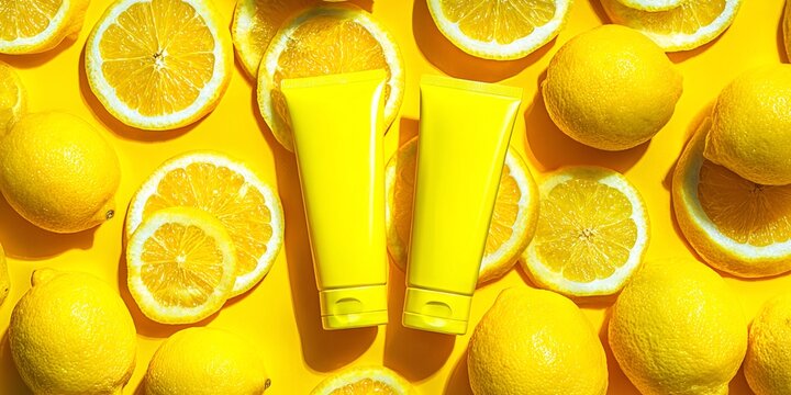 Due tubi di crema gialla su sfondo di limoni