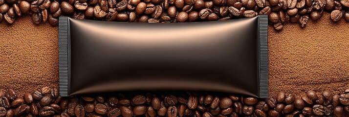 Obraz premium Confezione cosmetica marrone su sfondo di chicchi di caffè