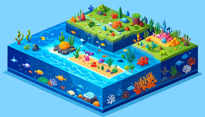 Vibrant isometric diorama of a water and land cross-section with colorful fish and coral reefs.