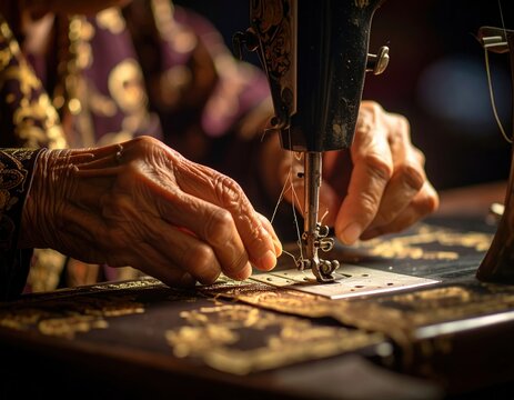 Skilled hands of a seamstress expertly guiding fabric through a vintage sewing machine, showcasing intricate craftsmanship and dedication to the art of sewing with vibrant patterns - Powered by Adobe