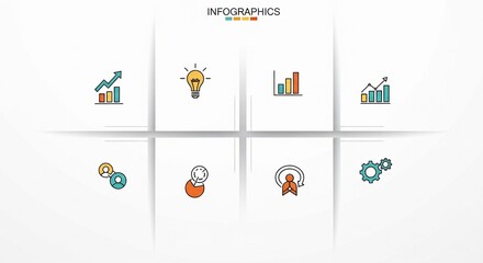 Infographic elements with a lightbulb, bar charts, and gears, representing ideas, growth, teamwork, and business strategies, in a flat design illustration.