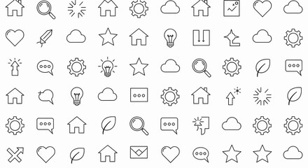 Collection of basic line icons on a white background, a vector set featuring symbols like a heart, house, chat bubble, settings gear, and magnifying glass, perfect for interface design.
