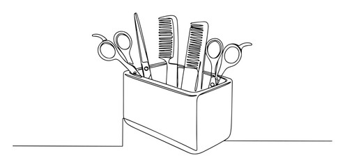 continuous one line drawing of hairdresser tools in a holder salon equipment vector sketch