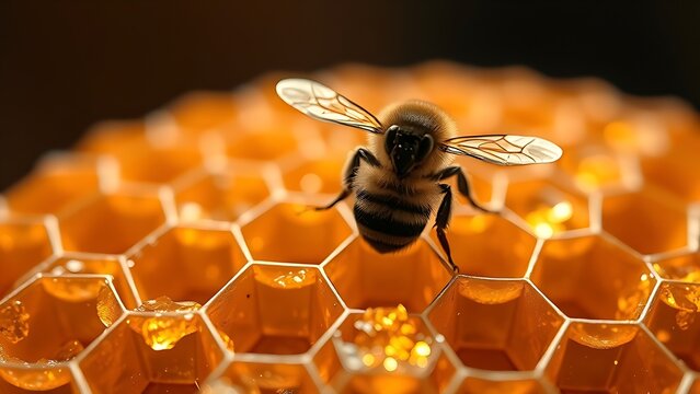 A delicate bumblebee hovering over glowing geometric honeycomb structures with a medicinal aura.