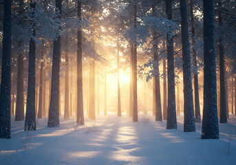 Snowy Pine Forest in Winter Light