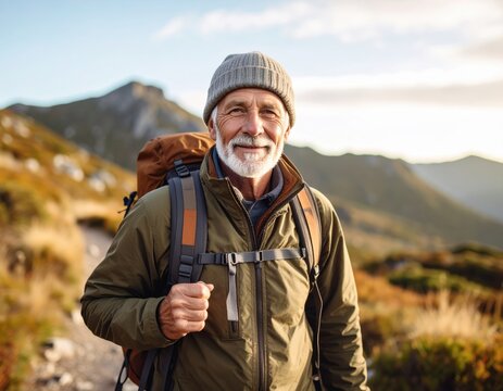 Senior man with gray beard and warm hat, smiling while hiking on a mountain trail, surrounded by lush greenery and scenic landscape, enjoying outdoor adventure and nature