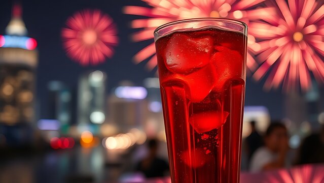 Vibrant fireworks reflected in a chilled Bandung drink, celebrating Singapore National Day with festive lights.