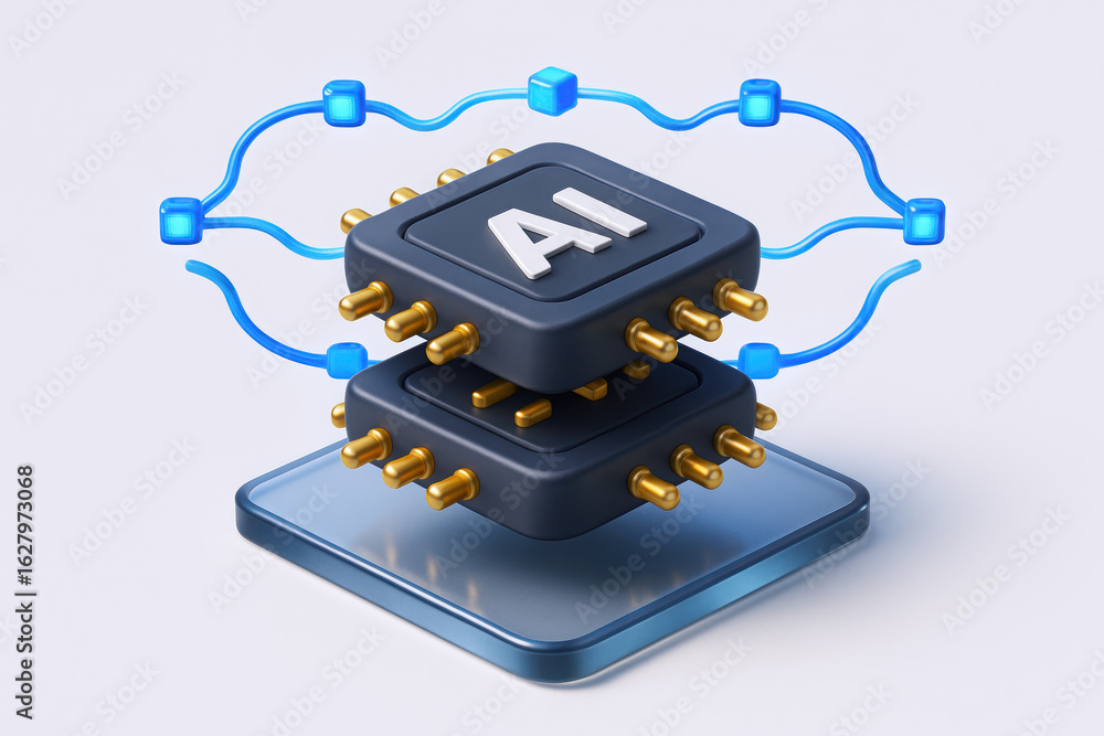 Aufkleber a modern ai chip illustration features a two-layer design with golden pins, representing advanced te
