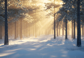 Snowy Pine Forest in Winter Light