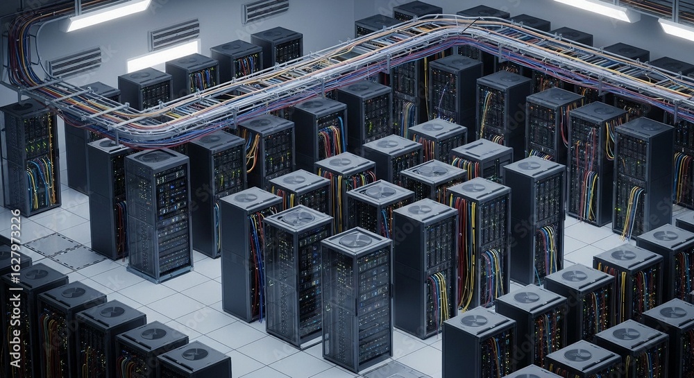Aufkleber rows of modern server racks filled with cables in a brightly lit data center, representing technolog
