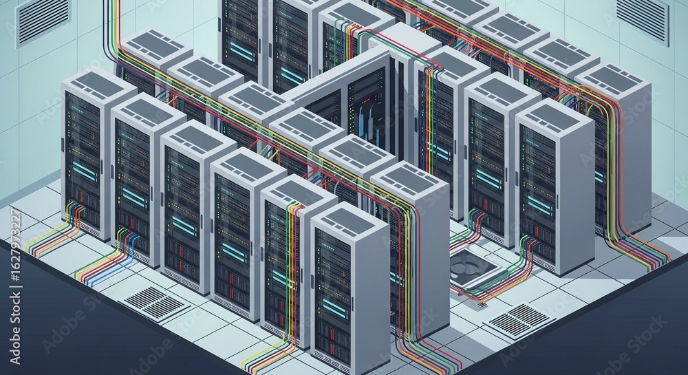 Aufkleber isometric illustration of a modern server room with rows of data racks and colorful cables, represen