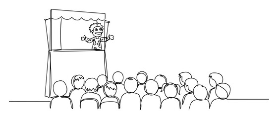 continuous one line drawing of a puppet show with an audience of children vector design