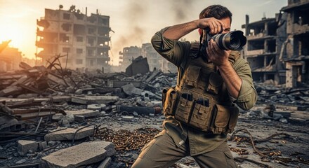 Journalist photographer in military attire with a camera in a war-torn city, symbolizing photojournalism, conflict, and documenting historical events.