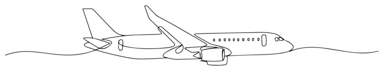 continuous one line drawing of a passenger airplane on the runway vector sketch © Wieslaw