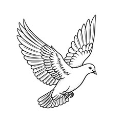 Obraz premium Dove in flight, line art illustration, black and white, for peace symbol, with copy space