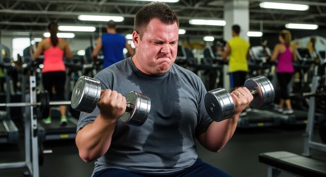 Overweight man lifting weights in a gym with a strained expression, symbolizing fitness challenges, personal struggle, and health journey.