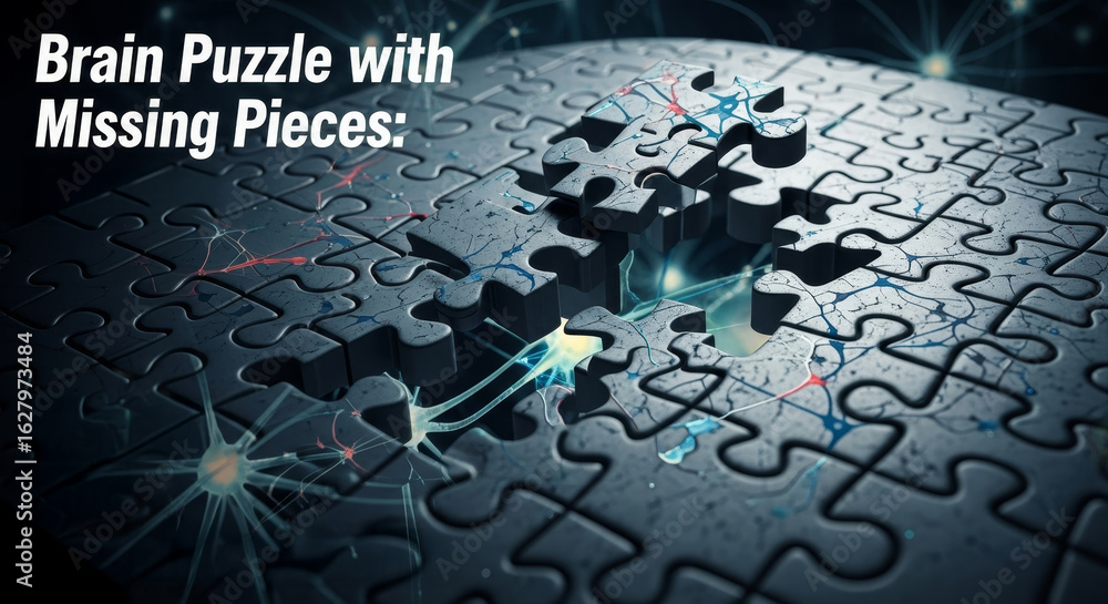 Poster incomplete puzzle brain concept - abstract of a puzzle with missing pieces, representing incomplete 