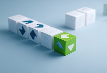 A series of white cubes with directional arrows, one green cube with contrasting arrows.  Strategic choices, progress, and direction concept