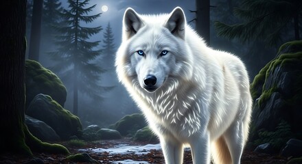 Obraz premium Majestic White Wolf with piercing blue eyes standing in a mystical forest at night