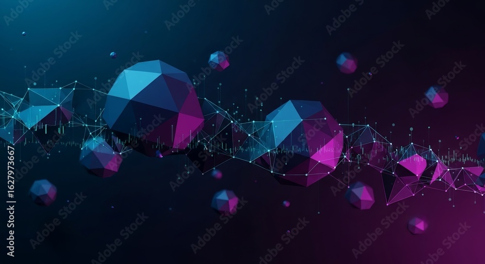 Aufkleber vibrant abstract 3d render of geometric shapes connected by a digital network with data elements, re