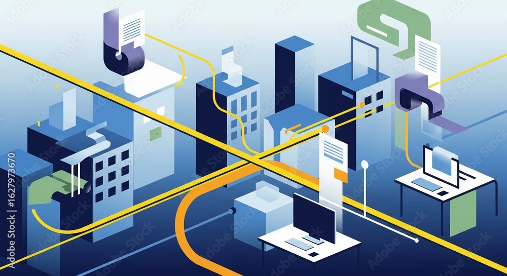 Aufkleber abstract illustration of interconnected buildings and technology representing data flow and business