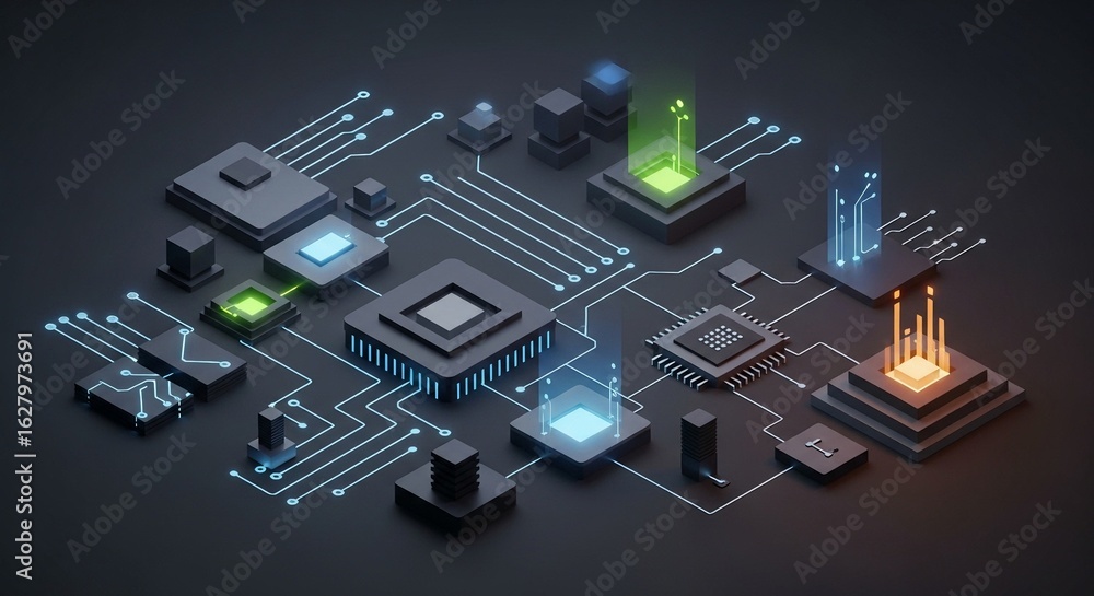 Poster futuristic circuit board with glowing processors and data streams, representing technology and innov
