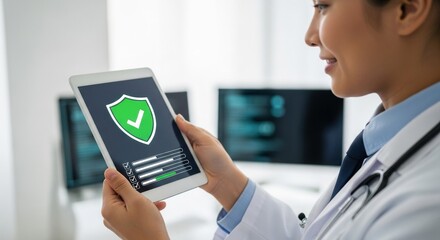 Happy woman doctor holding a tablet with a green shield icon and progress bar, symbolizing health data protection, medical security, and digital wellness.