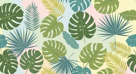 Vibrant seamless pattern of diverse tropical leaves like Monstera and palm fronds, perfect for exotic botanical backgrounds and summer designs.