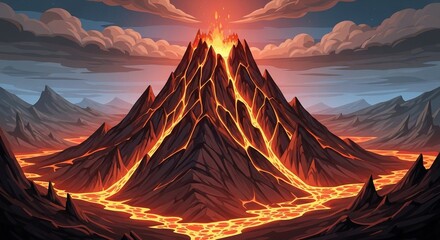 Erupting Volcano Illustration: Fiery Lava Flows Down a Majestic Mountain in a Dramatic Nighttime Landscape