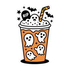Halloween Ghost Drink Cup with Straw and Bats Cartoon Illustration