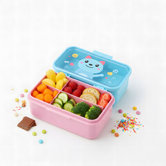 Healthy and fun lunchbox with fresh fruits and vegetables for kids, ready for school