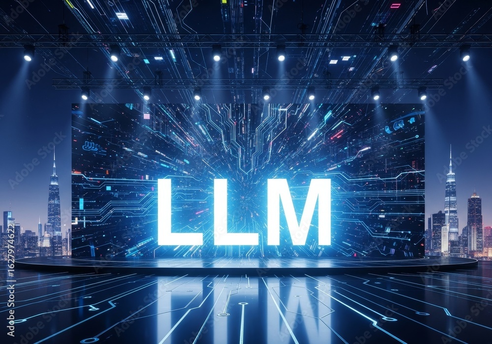 Poster llm technology showcase - a large screen displays llm in a futuristic cityscape setting, highlightin